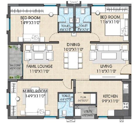 Floor plan of 3 BHK 1706 Sq. Ft. Apartment in Hallmark Vesta, Hyderabad