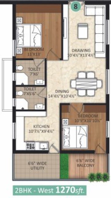 Floor plan of 2 BHK 1270 Sq. Ft. Apartment in Haneesh Shritha Ortus, Hyderabad