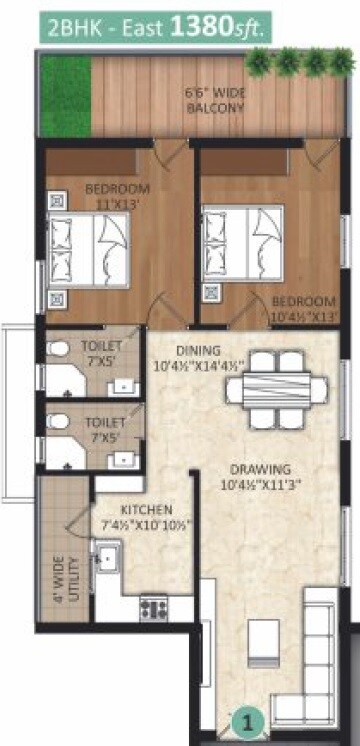Floor plan of 2 BHK 1380 Sq. Ft. Apartment in Haneesh Shritha Ortus, Hyderabad