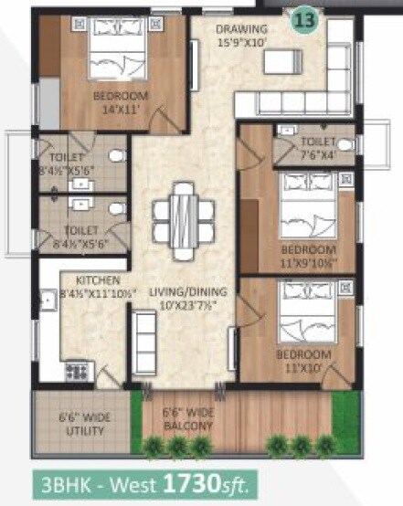 Floor plan of 3 BHK 1730 Sq. Ft. Apartment in Haneesh Shritha Ortus, Hyderabad
