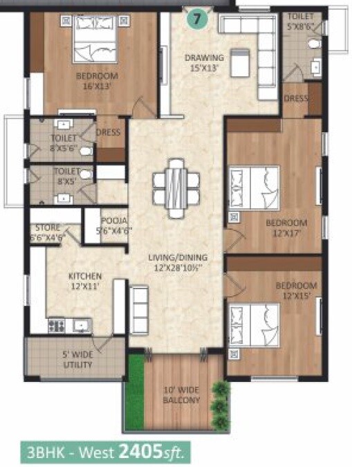 Floor plan of 3 BHK 2405 Sq. Ft. Apartment in Haneesh Shritha Ortus, Hyderabad