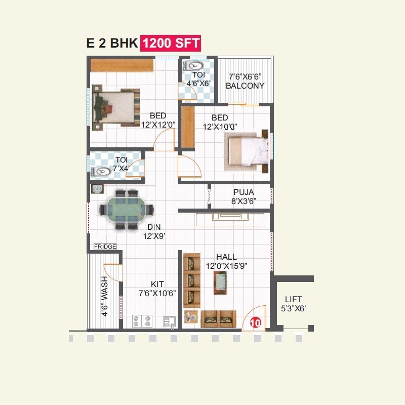 Floor plan of 2 BHK 1200 Sq. Ft. Apartment in Hari Hara Hallmark, Hyderabad