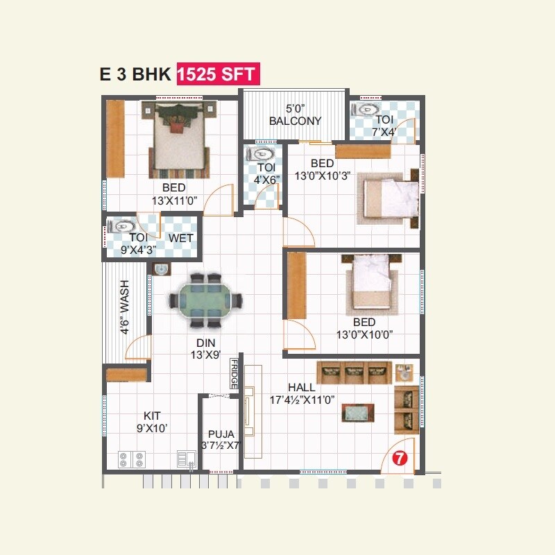 Floor plan of 2 BHK 1525 Sq. Ft. Apartment in Hari Hara Hallmark, Hyderabad