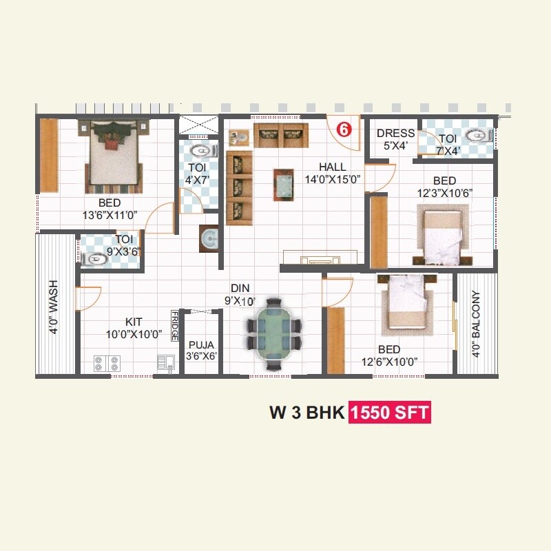 Floor plan of 3 BHK 1550 Sq. Ft. Apartment in Hari Hara Hallmark, Hyderabad
