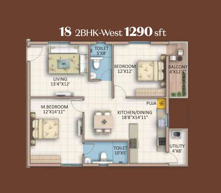 Floor plan of 2 BHK 1290 Sq. Ft. Apartment in Hari Hara Luxe, Hyderabad