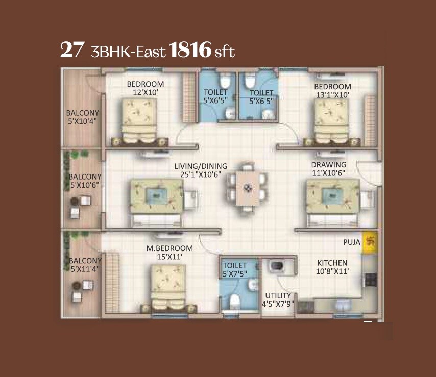Floor plan of 3 BHK 1816 Sq. Ft. Apartment in Hari Hara Luxe, Hyderabad