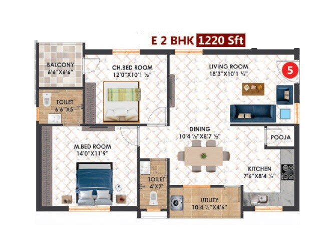 Floor plan of 2 BHK 1220 Sq. Ft. Apartment in Hari Hara The Urbanite Homes, Hyderabad