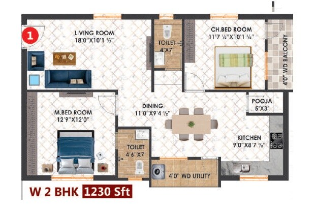 Floor plan of 2 BHK 1230 Sq. Ft. Apartment in Hari Hara The Urbanite Homes, Hyderabad