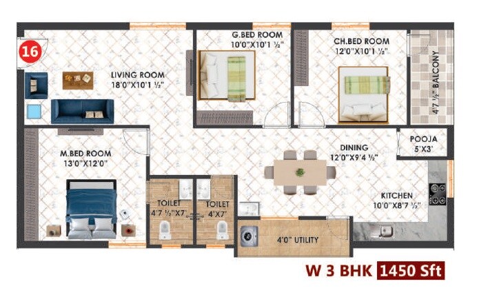 Floor plan of 3 BHK 1450 Sq. Ft. Apartment in Hari Hara The Urbanite Homes, Hyderabad