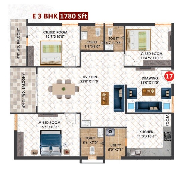 Floor plan of 3 BHK 1780 Sq. Ft. Apartment in Hari Hara The Urbanite Homes, Hyderabad