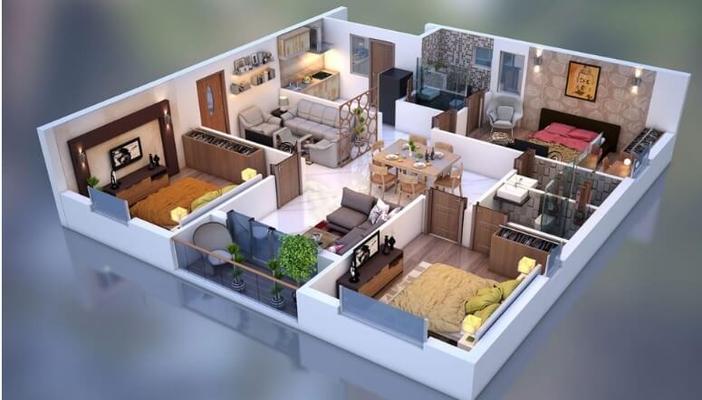 Floor plan of 3 BHK 1283 Sq. Ft. Apartment in Harihara Sri Sai Soukya, Hyderabad