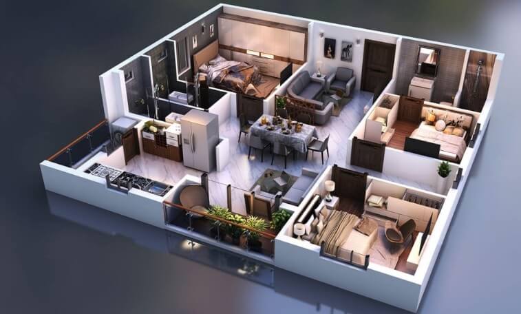 Floor plan of 3 BHK 1648 Sq. Ft. Apartment in Harihara Sri Sai Soukya, Hyderabad