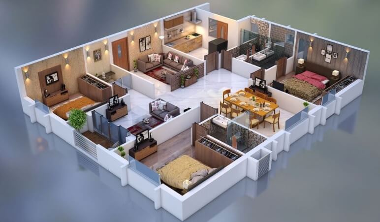 Floor plan of 3 BHK 1985 Sq. Ft. Apartment in Harihara Sri Sai Soukya, Hyderabad