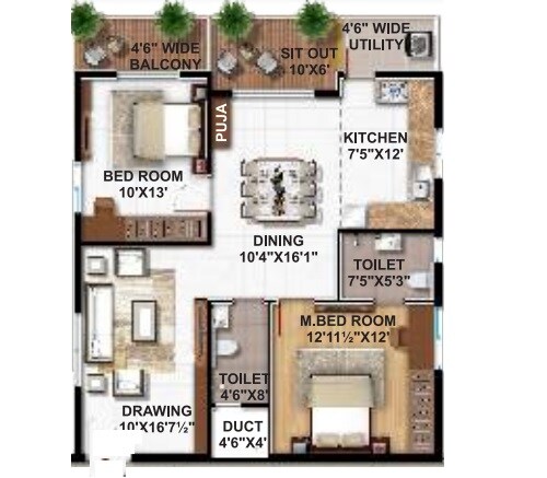 Floor plan of 2 BHK 1335 Sq. Ft. Apartment in Hariharas Sri Sai Kakatiya, Hyderabad
