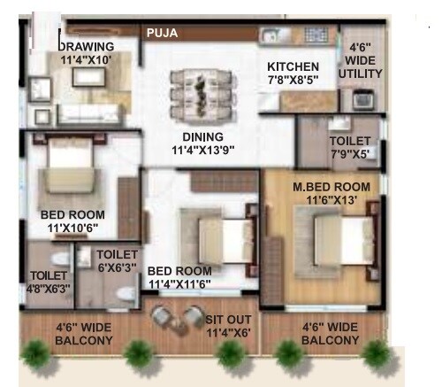 Floor plan of 3 BHK 1500 Sq. Ft. Apartment in Hariharas Sri Sai Kakatiya, Hyderabad