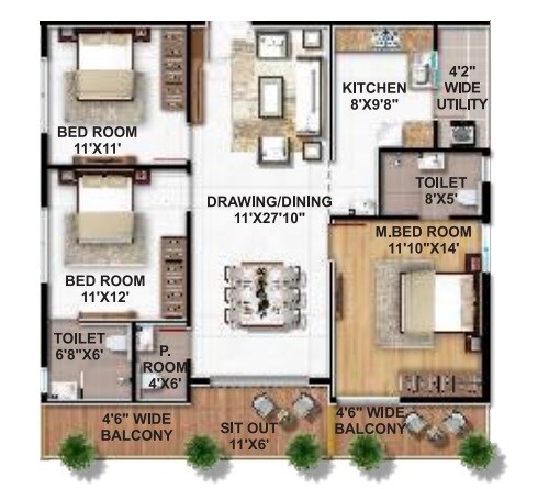Floor plan of 3 BHK 1600 Sq. Ft. Apartment in Hariharas Sri Sai Kakatiya, Hyderabad
