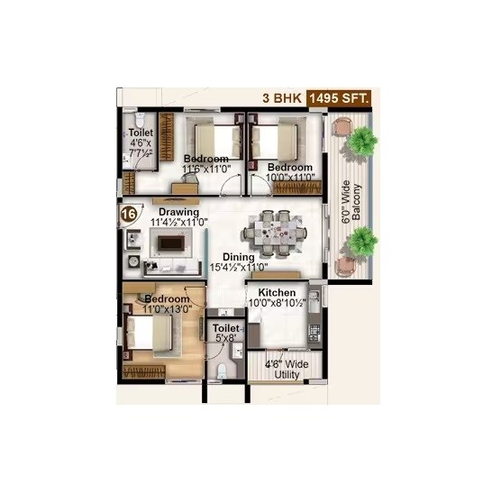 Floor plan of 3 BHK 1495 Sq. Ft. Apartment in Hariharas Sri Sai Viradhya, Hyderabad
