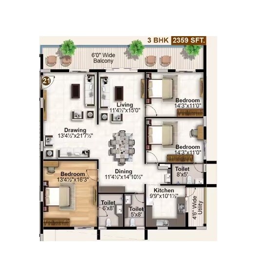 Floor plan of 3 BHK 2359 Sq. Ft. Apartment in Hariharas Sri Sai Viradhya, Hyderabad