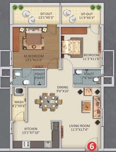 Floor plan of 2 BHK 1458 Sq. Ft. Apartment in Haris Rukmini Pranava 101, Hyderabad