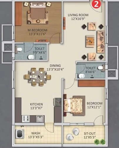 Floor plan of 2 BHK 1508 Sq. Ft. Apartment in Haris Rukmini Pranava 101, Hyderabad