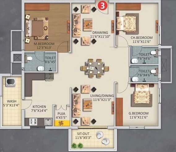 Floor plan of 3 BHK 1957 Sq. Ft. Apartment in Haris Rukmini Pranava 101, Hyderabad