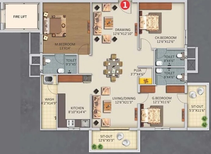 Floor plan of 3 BHK 2131 Sq. Ft. Apartment in Haris Rukmini Pranava 101, Hyderabad