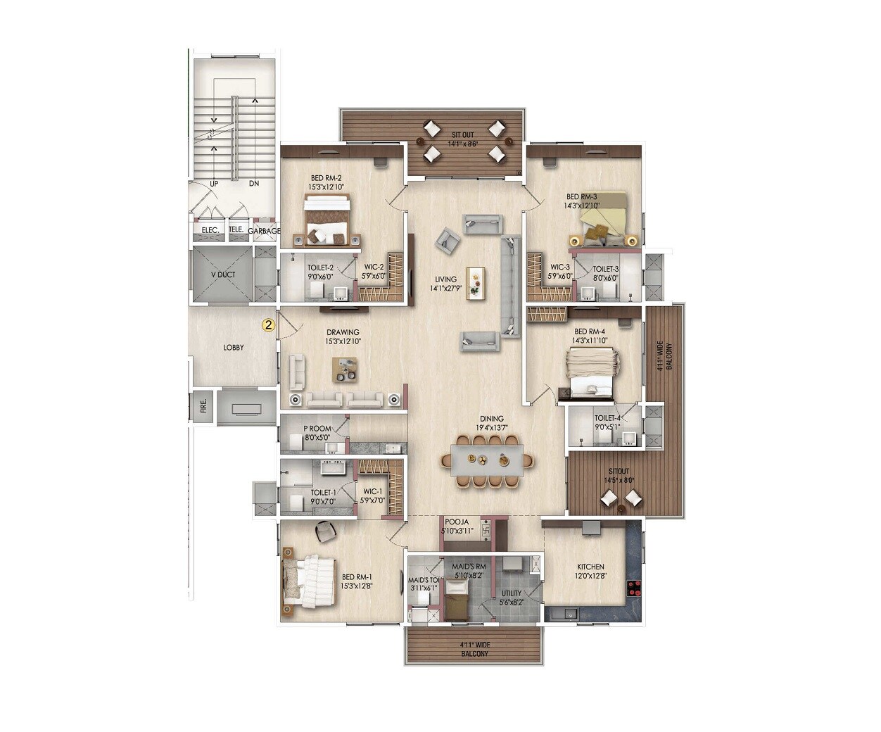 Floor plan of 4 BHK 3895 Sq. Ft. Apartment in Harsha Sky High, Hyderabad