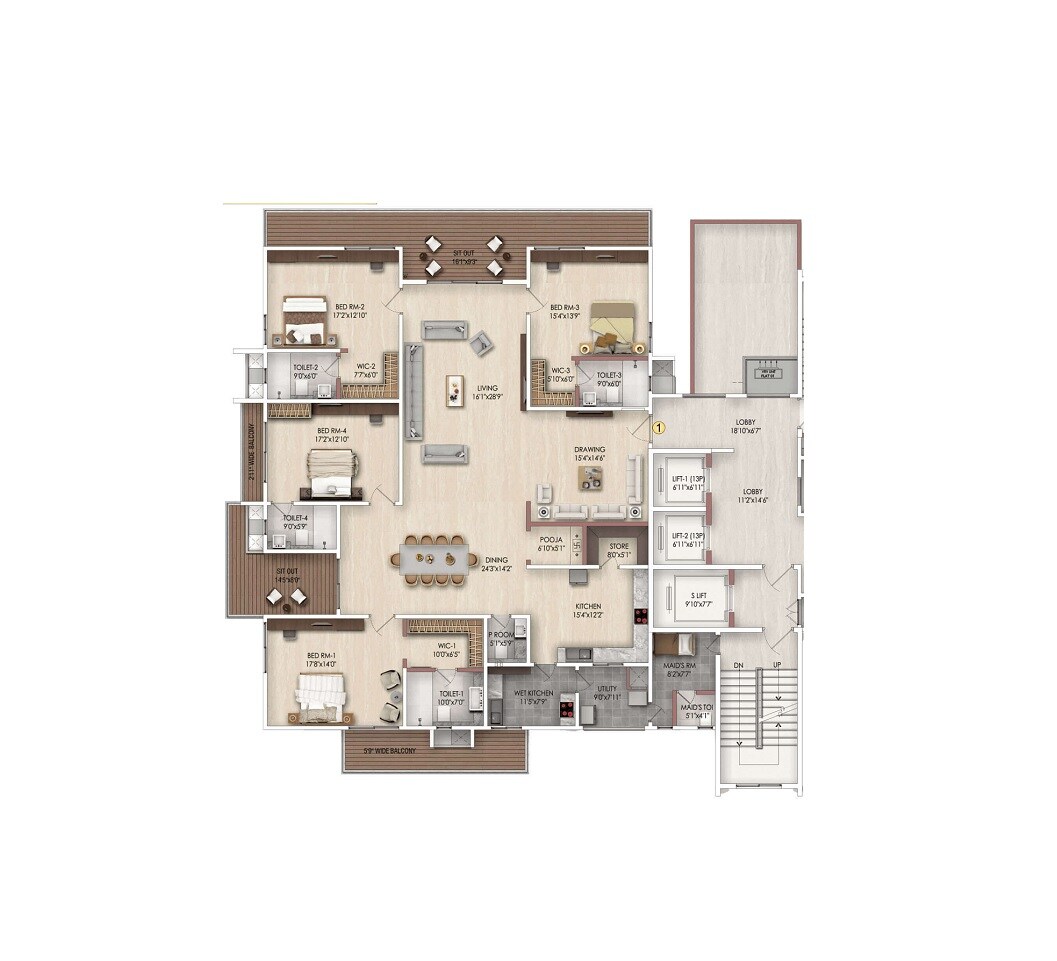 Floor plan of 4 BHK 5450 Sq. Ft. Apartment in Harsha Sky High, Hyderabad