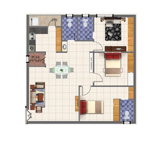 Floor plan of 3 BHK Apartment - 1340 sq. ft. in Harshith Springfield Apartments, Hyderabad