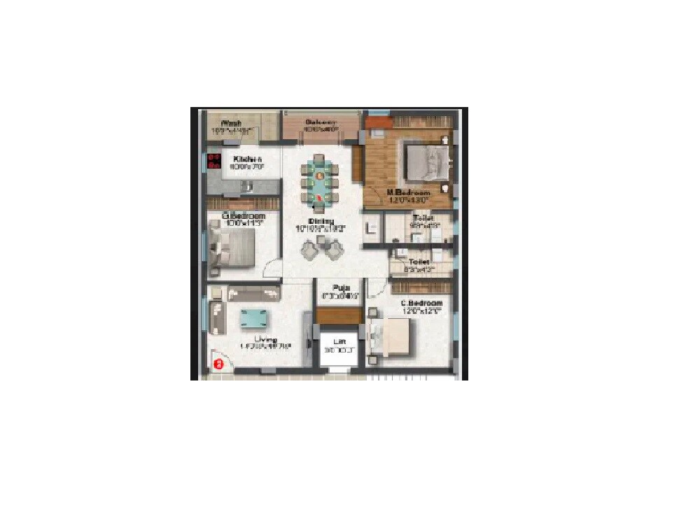 Floor plan of 3 BHK 1550 Sq. Ft. Apartment in Highrise Ayodhya, Hyderabad