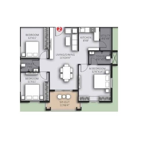 Floor plan of 2 BHK 1248 Sq. Ft. Apartment in Highrise Forest Edge, Hyderabad