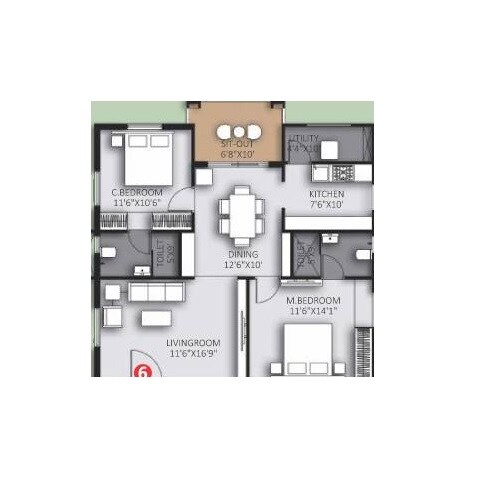 Floor plan of 2 BHK 1301 Sq. Ft. Apartment in Highrise Forest Edge, Hyderabad