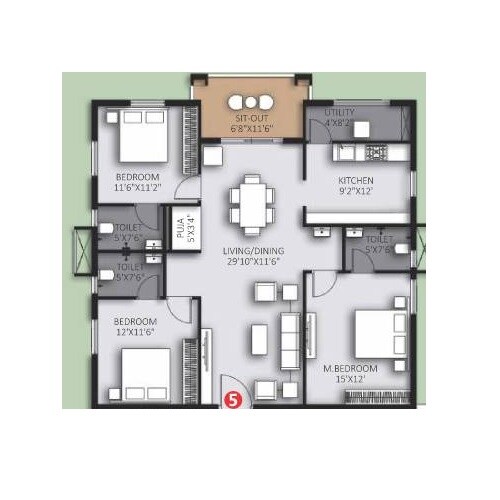 Floor plan of 3 BHK 1402 Sq. Ft. Apartment in Highrise Forest Edge, Hyderabad