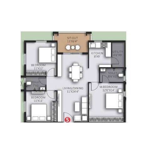 Floor plan of 3 BHK 1467 Sq. Ft. Apartment in Highrise Forest Edge, Hyderabad
