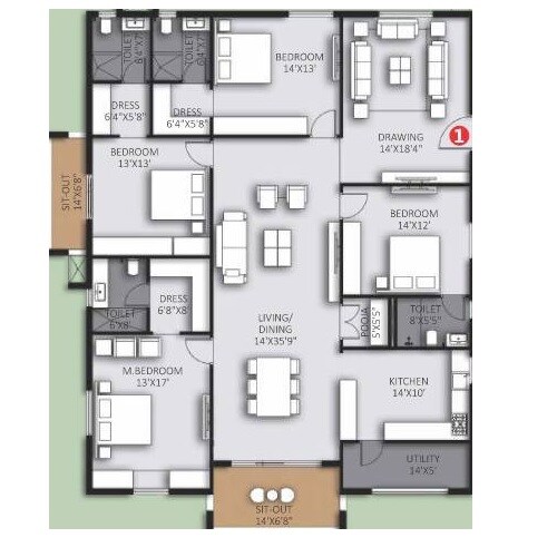 Floor plan of 4 BHK 2163 Sq. Ft. Apartment in Highrise Forest Edge, Hyderabad