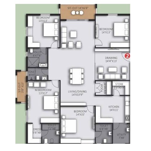 Floor plan of 4 BHK 2940 Sq. Ft. Apartment in Highrise Forest Edge, Hyderabad