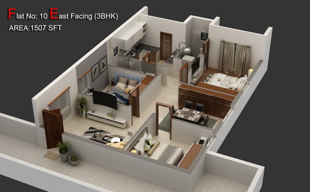 Floor plan of 3 BHK 1507 Sq. Ft. Apartment in Hirize Rich Park, Hyderabad