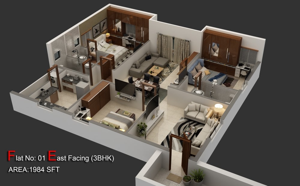 Floor plan of 3 BHK 1984 Sq. Ft. Apartment in Hirize Rich Park, Hyderabad