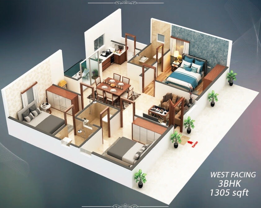 Floor plan of 3 BHK 1305 Sq. Ft. Apartment in Home Tree XI, Hyderabad