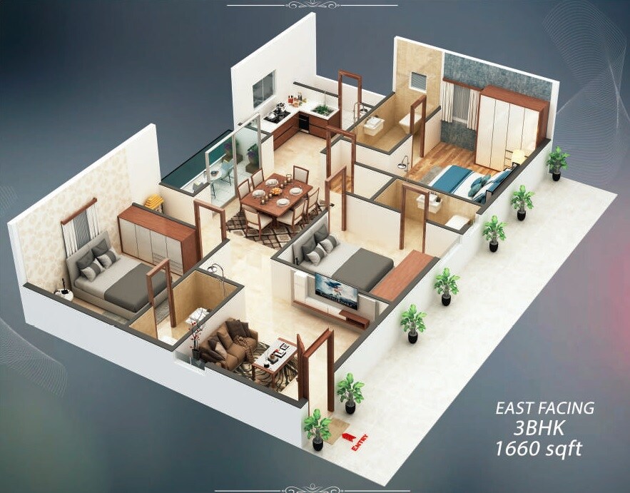 Floor plan of 3 BHK 1660 Sq. Ft. Apartment in Home Tree XI, Hyderabad