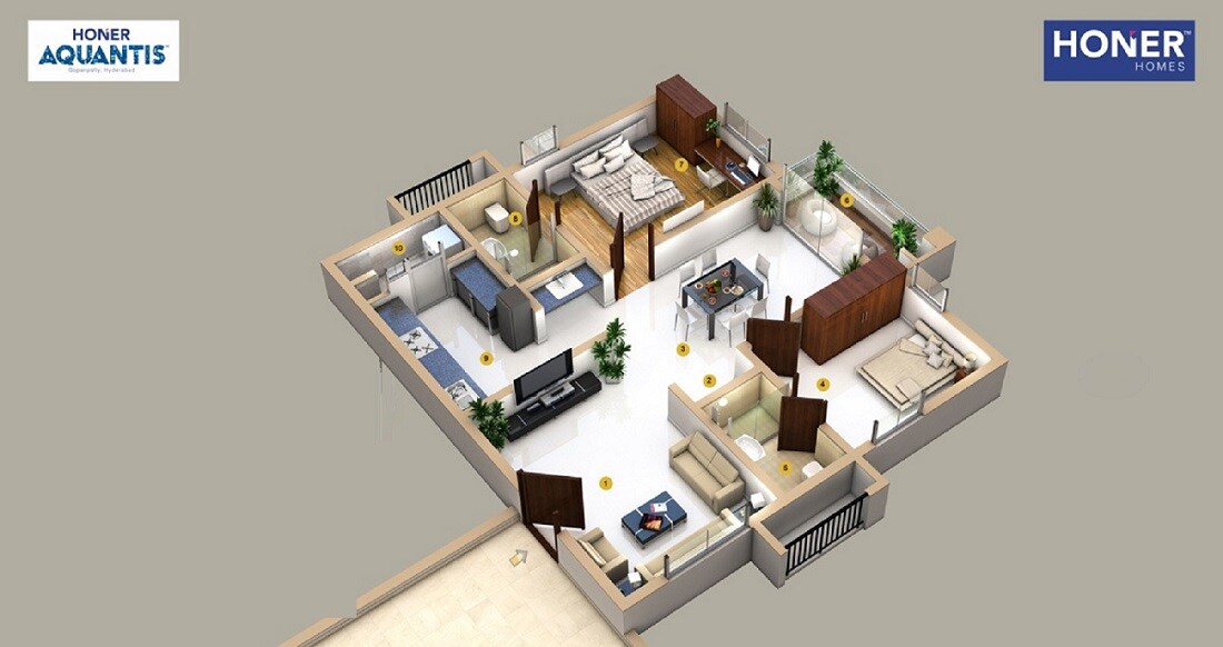 Floor plan of 2 BHK 1365 Sq. Ft. Apartment in Honer Aquantis, Hyderabad