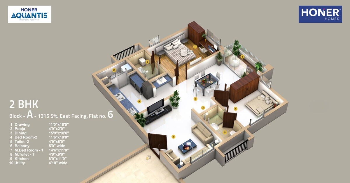 Floor plan of 2 BHK 1315 Sq. Ft. Apartment in Honer Aquantis, Hyderabad