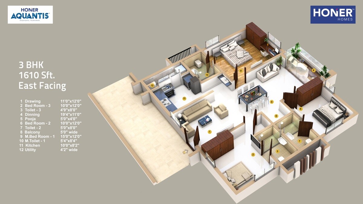 Floor plan of 3 BHK 1610 Sq. Ft. Apartment in Honer Aquantis, Hyderabad