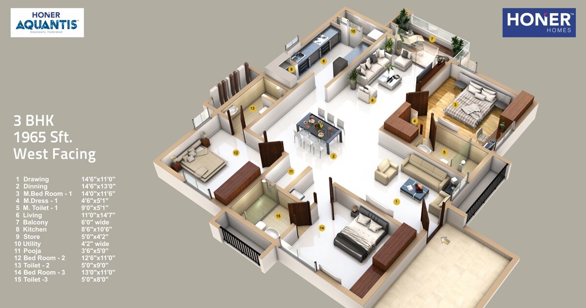 Floor plan of 3 BHK 1965 Sq. Ft. Apartment in Honer Aquantis, Hyderabad
