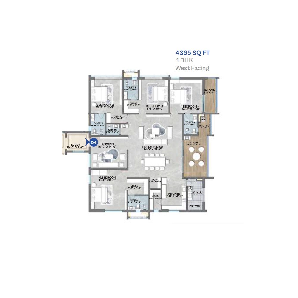 Floor plan of 4 BHK 4365 Sq. Ft. Apartment in Hyma Grava Residencies, Hyderabad