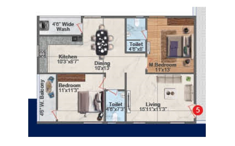 Floor plan of 2 BHK 1230 Sq. Ft. Apartment in Hyndava MNK Heights, Hyderabad
