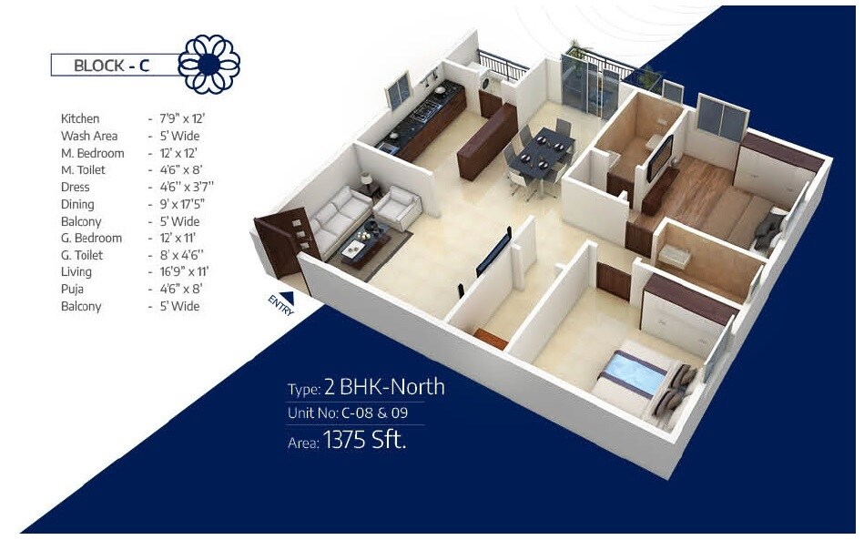 Floor plan of 2 BHK 1375 Sq. Ft. Apartment in Hyndava MNK Heights, Hyderabad