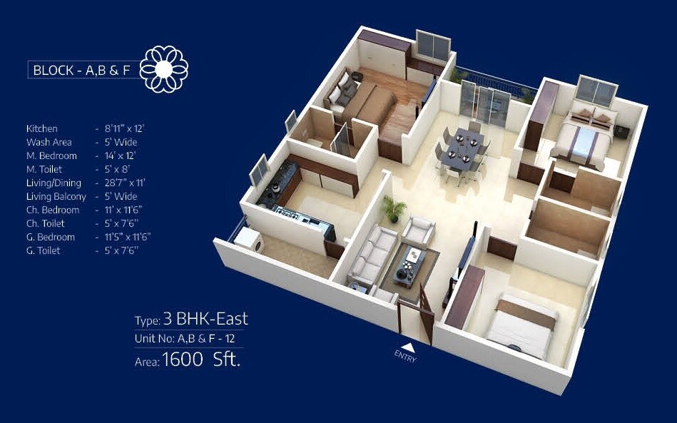Floor plan of 3 BHK 1600 Sq. Ft. Apartment in Hyndava MNK Heights, Hyderabad