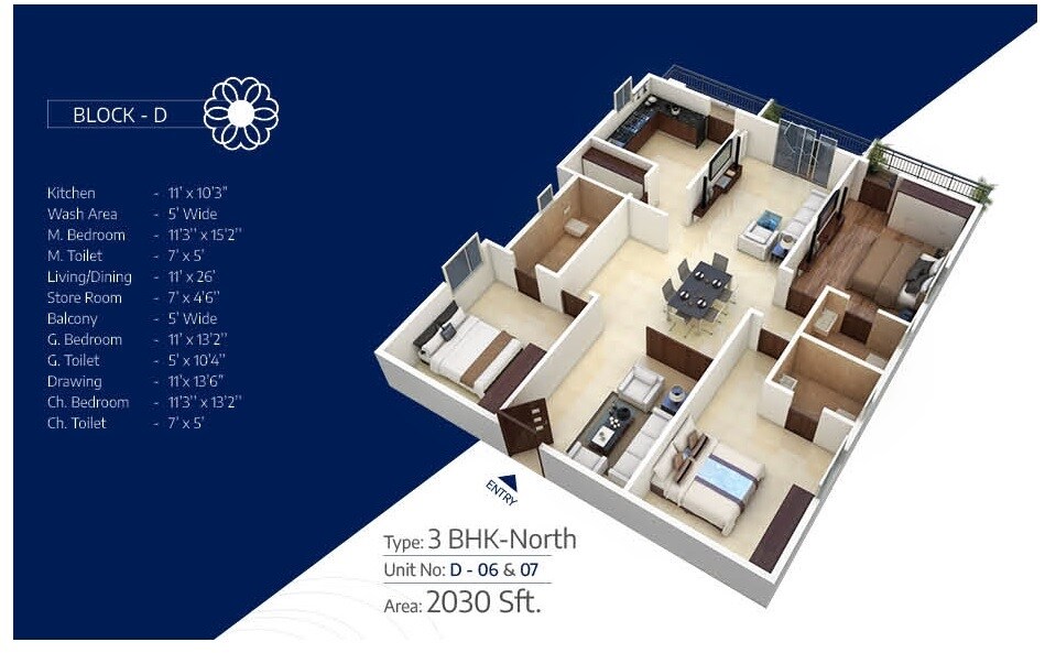Floor plan of 3 BHK 2030 Sq. Ft. Apartment in Hyndava MNK Heights, Hyderabad