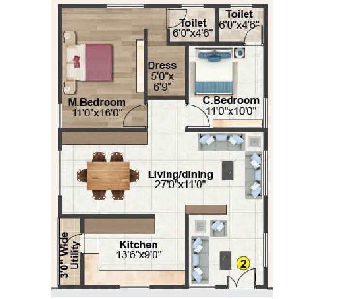 Floor plan of 2 BHK 1365 Sq. Ft. Apartment in I Homes Praramb, Hyderabad